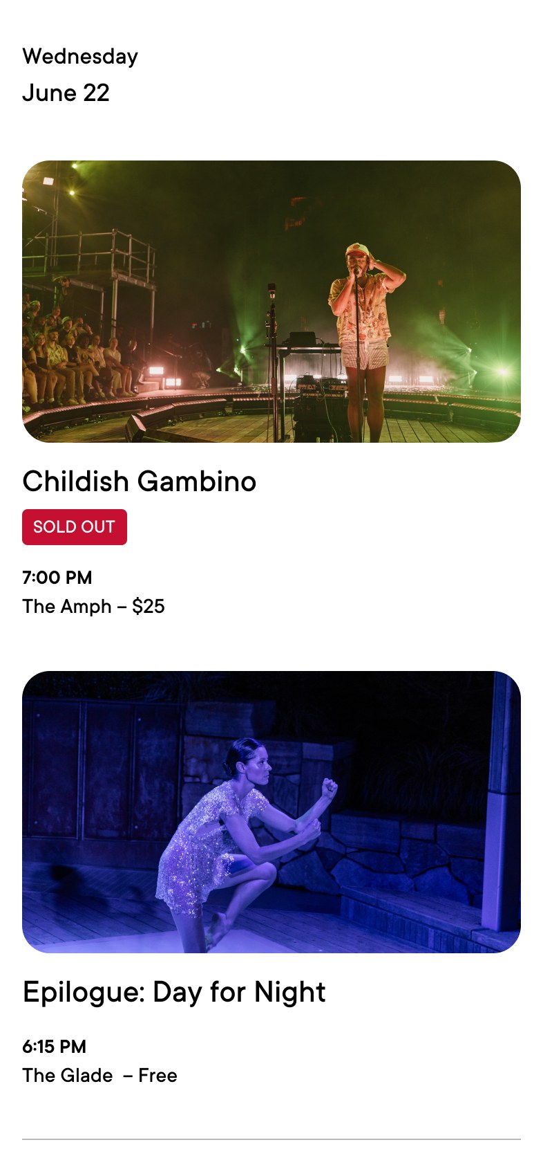 Calendar list view on a phone: each day's shows with a photo, title, time, venue, and price
