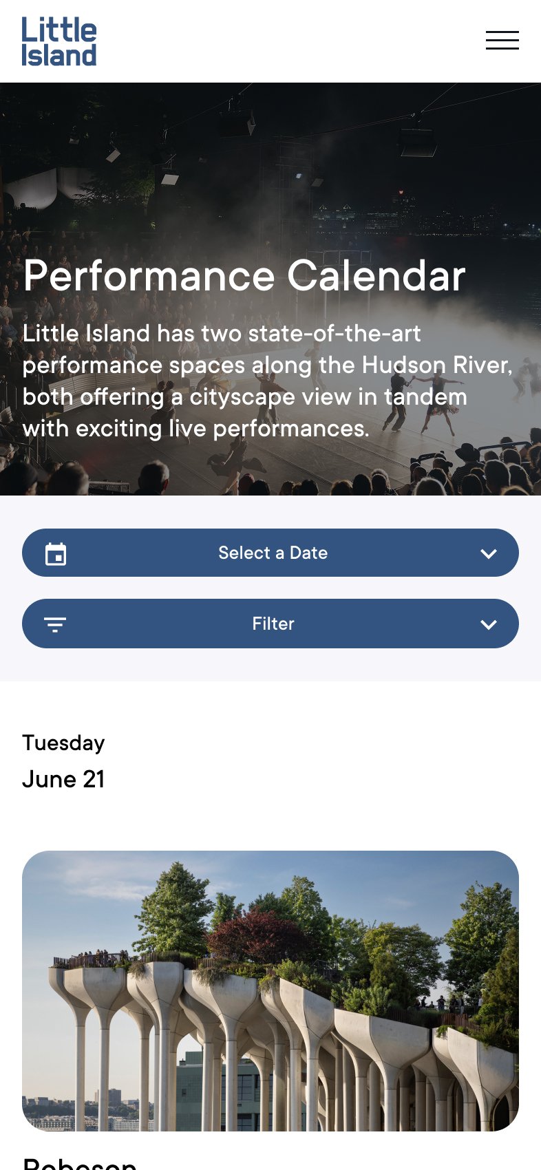 Performance calendar on a phone: date and filter controls, then the day's shows