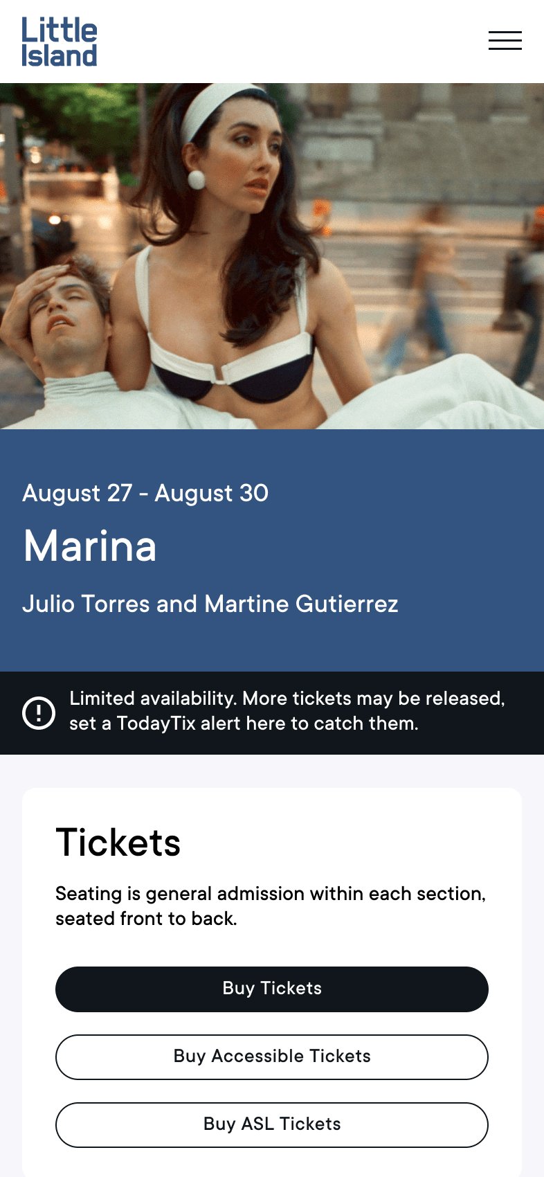 Event page on a phone: dates, title, ticket options
