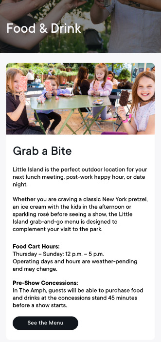 Food and Drink page: a photo card with hours and a menu link