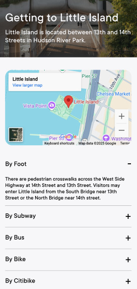 Getting to Little Island page: a map and expandable sections for each way to arrive