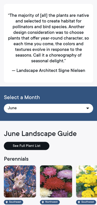 June Landscape Guide page: a month selector and plant cards