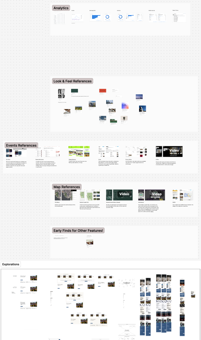 Top: a Figma research board with analytics and look and feel, events, and map references. Bottom: a Figma canvas of homepage explorations and mobile comps